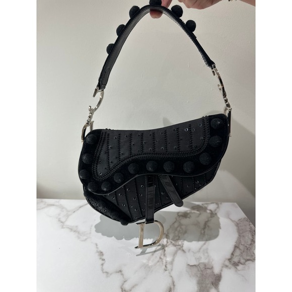 Dior Handbags - Dior Black Pom Pom Velvet Saddle Bag